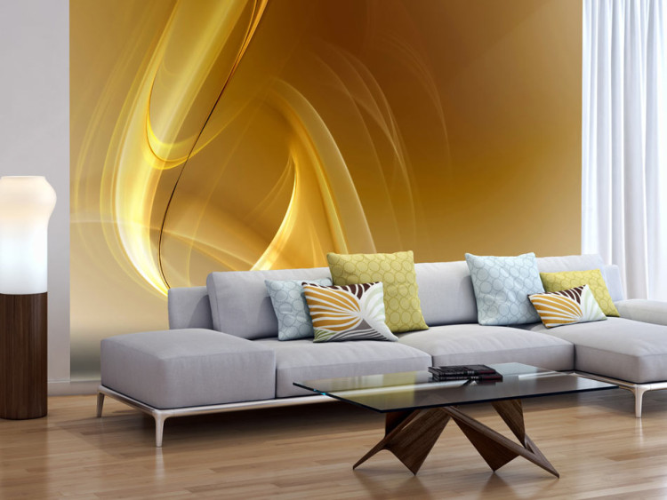 Photo Wallpaper Golden abstraction - fancy waves with light reflection and glow effect 96625