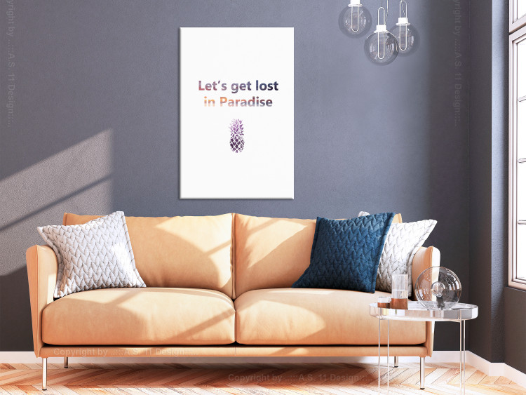 Canvas Lost in paradise - colorful lettering in English with purple pineapple on a white background 123035 additionalImage 3