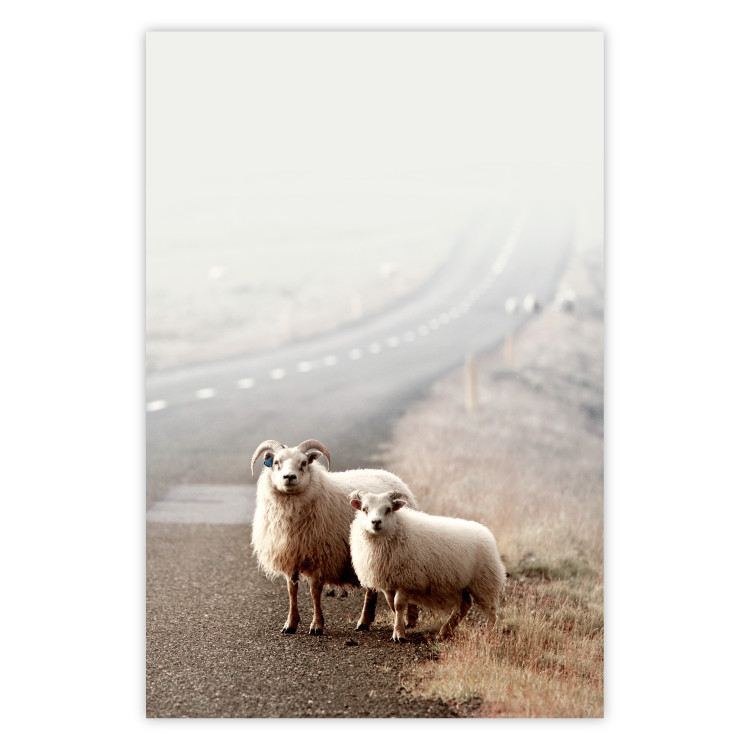 Wall Poster Extraordinary Hitchhikers - landscape of animals by the road against a field 130235