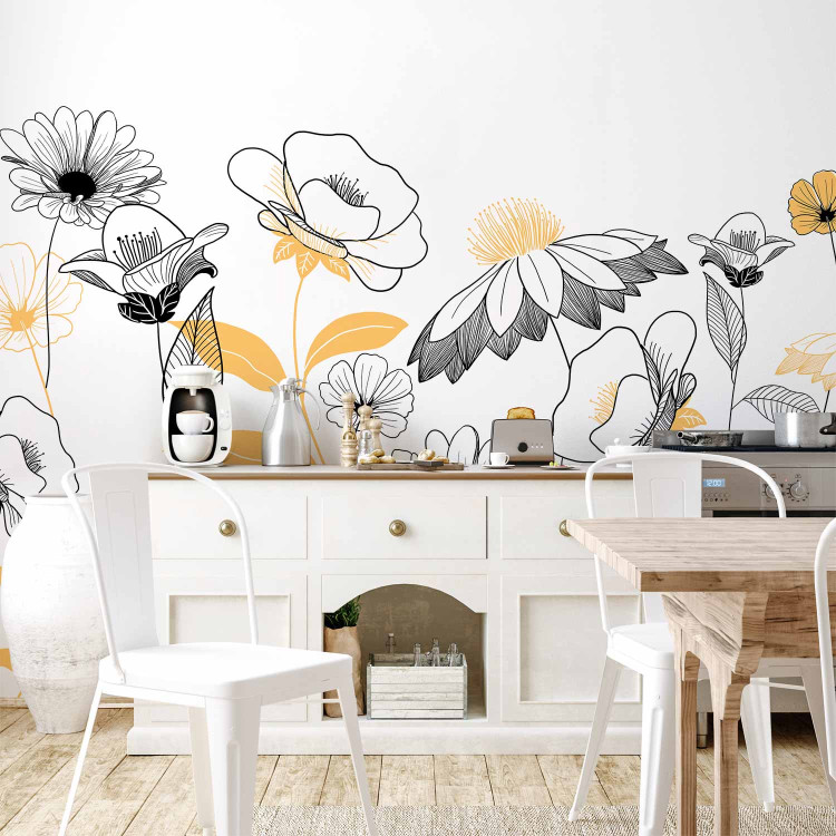 Photo Wallpaper Sketch with flowers - nature in white, black and orange 138335 additionalImage 6