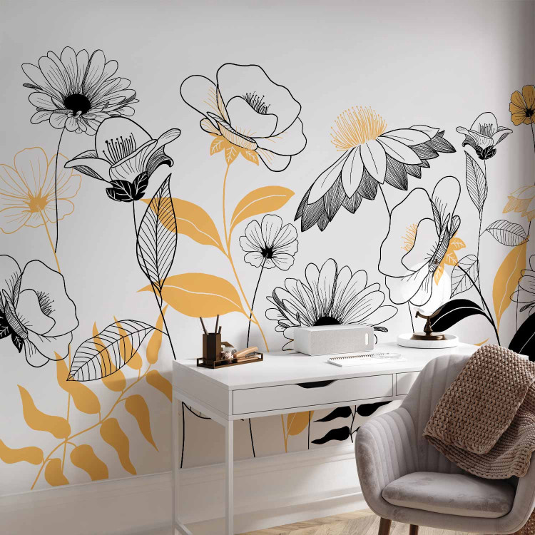 Photo Wallpaper Sketch with flowers - nature in white, black and orange 138335 additionalImage 4
