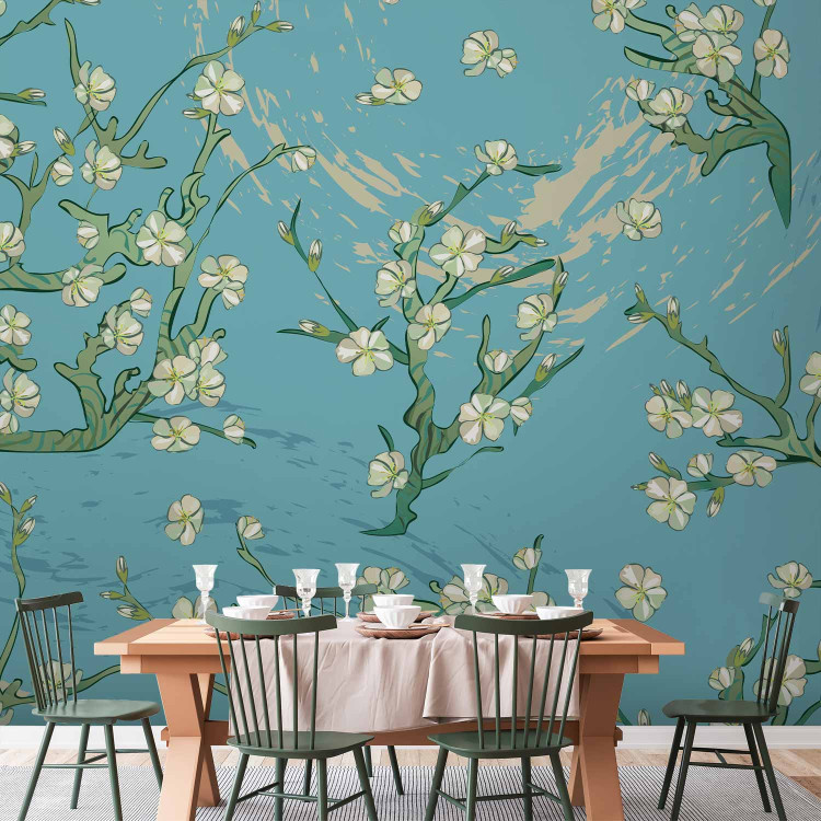 Wall Mural Flowers of Asia - blooming almond tree flowers on a blue background 142435 additionalImage 6