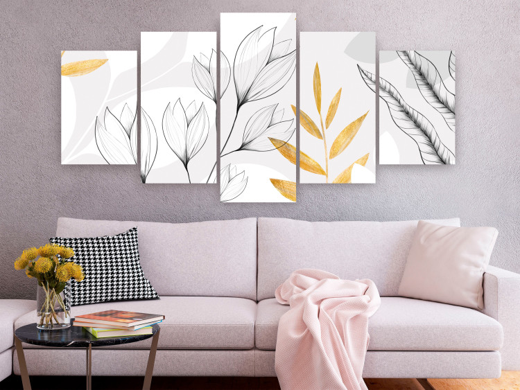 Canvas Art Print Magnolias and Foliage - Minimalist Plants in Gray and Gold 151435 additionalImage 3
