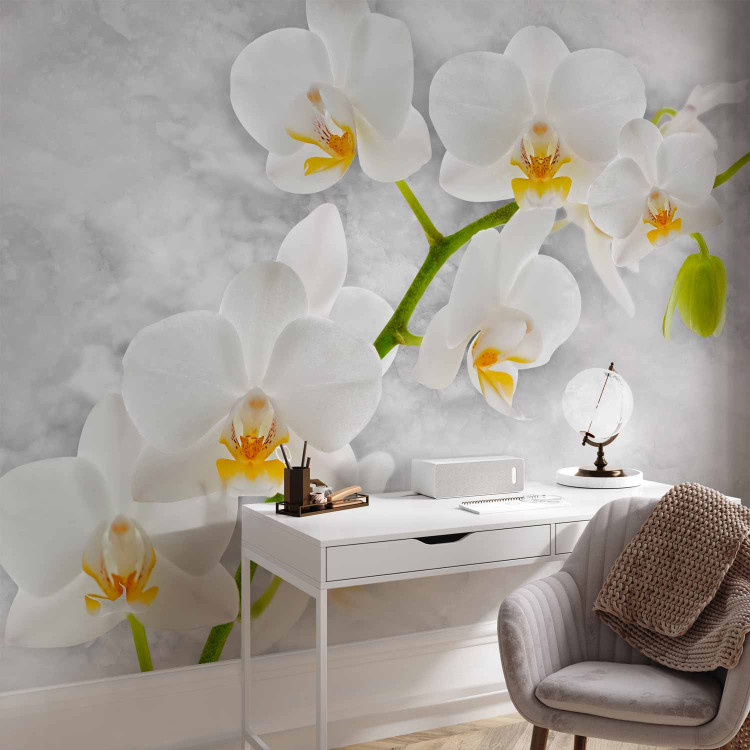 Wall Mural Lyrical Orchid - Bright Floral Motif in White with Green Elements 60235 additionalImage 4