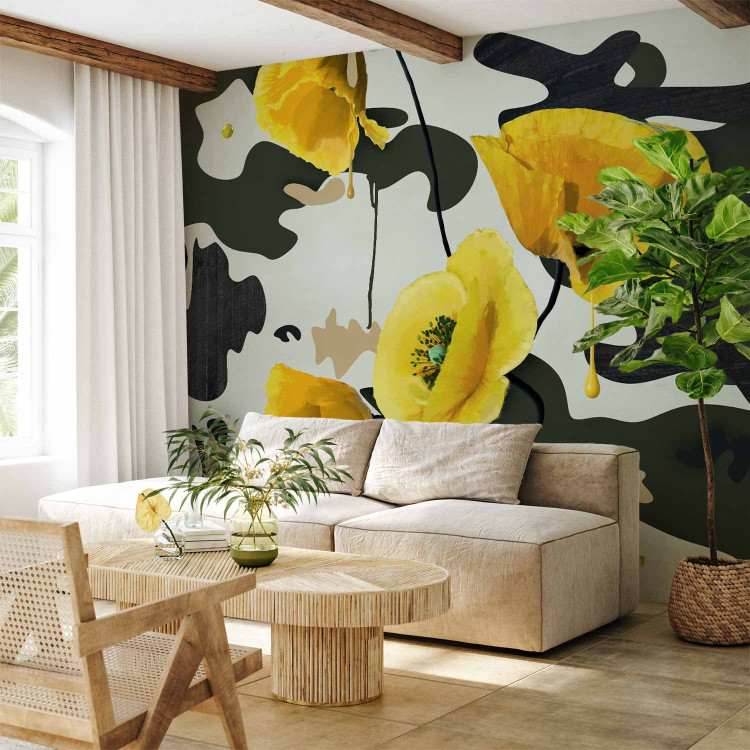 Photo Wallpaper Freshly Painted - Floral Motif with Yellow Poppies on an Abstract Background 60735