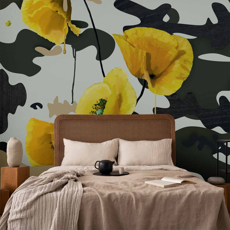 Photo Wallpaper Freshly Painted - Floral Motif with Yellow Poppies on an Abstract Background 60735 additionalImage 2