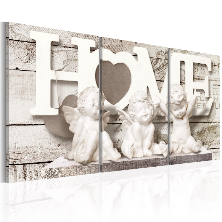 Canvas Print Charming Angels (3-part) - Sculptures on Retro Wooden Background 94835 additionalImage 2