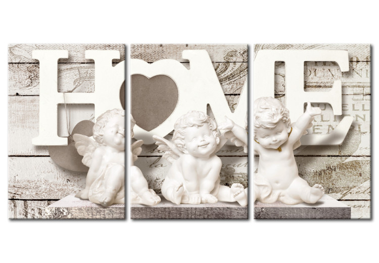 Canvas Print Charming Angels (3-part) - Sculptures on Retro Wooden Background 94835