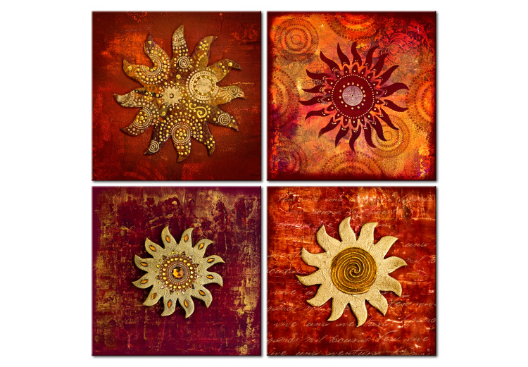 Canvas Face of the Sun (4-part) - Collage of Golden and Red Ornaments 97535