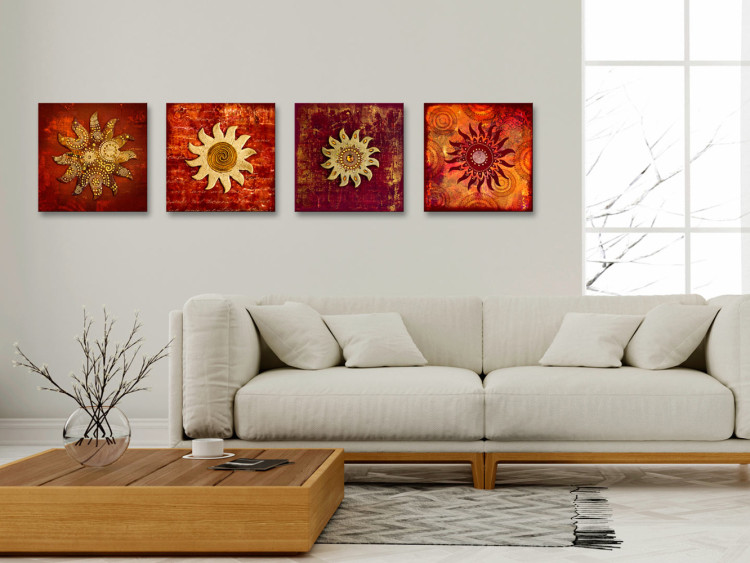 Canvas Face of the Sun (4-part) - Collage of Golden and Red Ornaments 97535 additionalImage 3