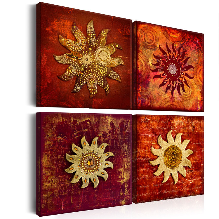 Canvas Face of the Sun (4-part) - Collage of Golden and Red Ornaments 97535 additionalImage 2
