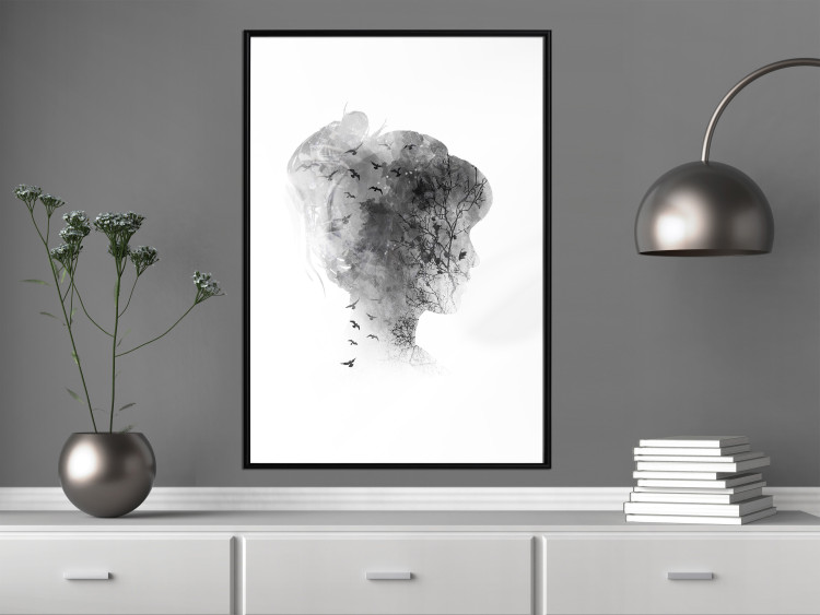 Wall Poster Open Mind - black and white abstraction with a woman's portrait and birds 116945 additionalImage 4