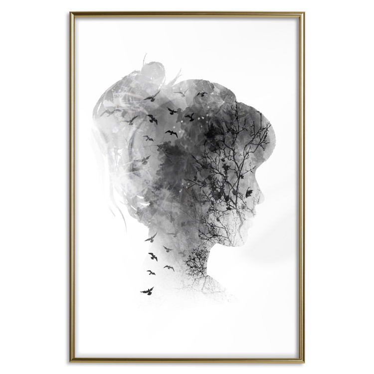 Wall Poster Open Mind - black and white abstraction with a woman's portrait and birds 116945 additionalImage 16