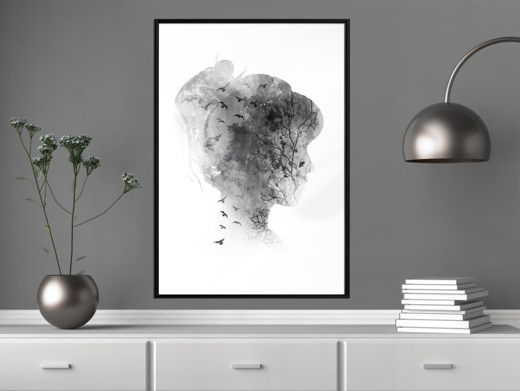 Wall Poster Open Mind - black and white abstraction with a woman's portrait and birds 116945 additionalImage 3