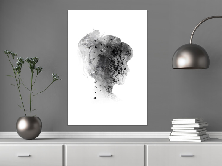 Wall Poster Open Mind - black and white abstraction with a woman's portrait and birds 116945 additionalImage 2