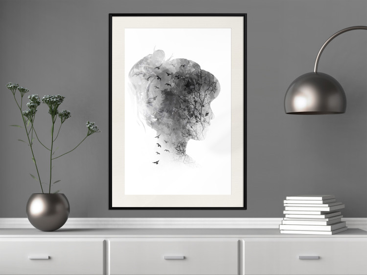 Wall Poster Open Mind - black and white abstraction with a woman's portrait and birds 116945 additionalImage 22