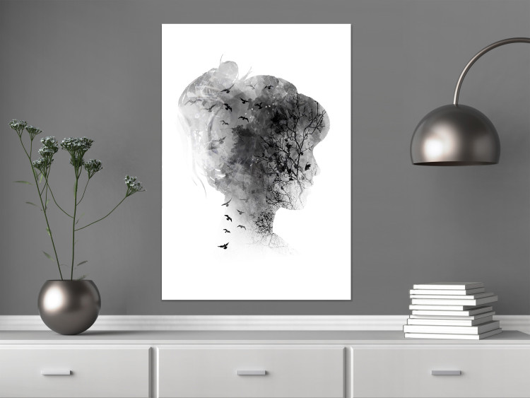 Wall Poster Open Mind - black and white abstraction with a woman's portrait and birds 116945 additionalImage 17