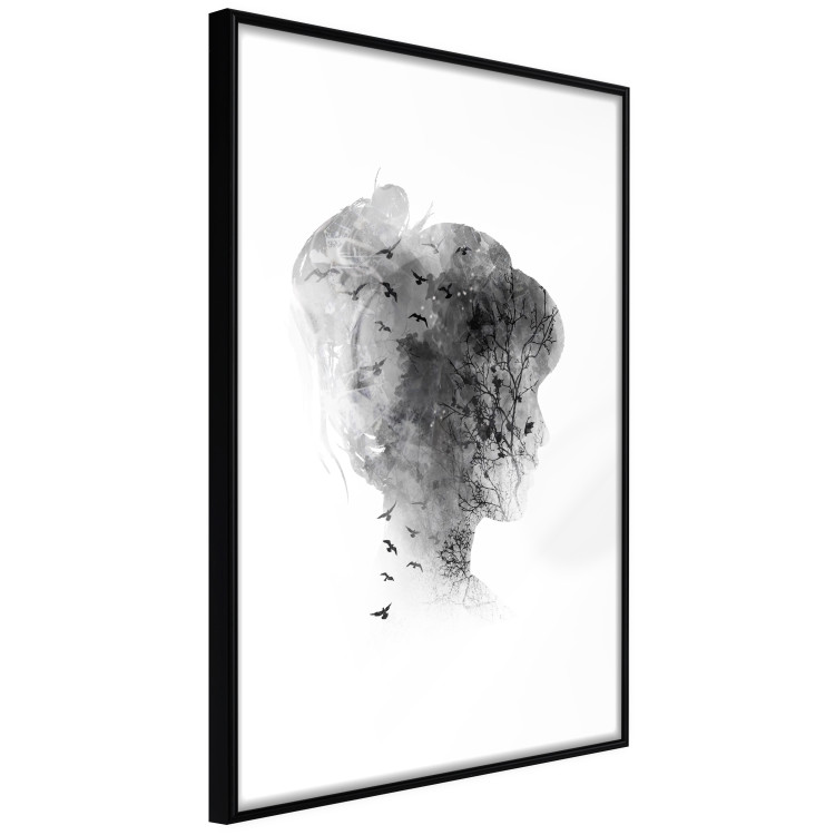 Wall Poster Open Mind - black and white abstraction with a woman's portrait and birds 116945 additionalImage 13