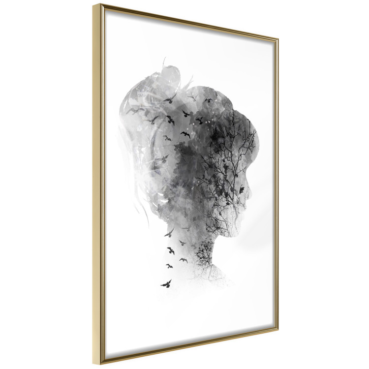 Wall Poster Open Mind - black and white abstraction with a woman's portrait and birds 116945 additionalImage 14
