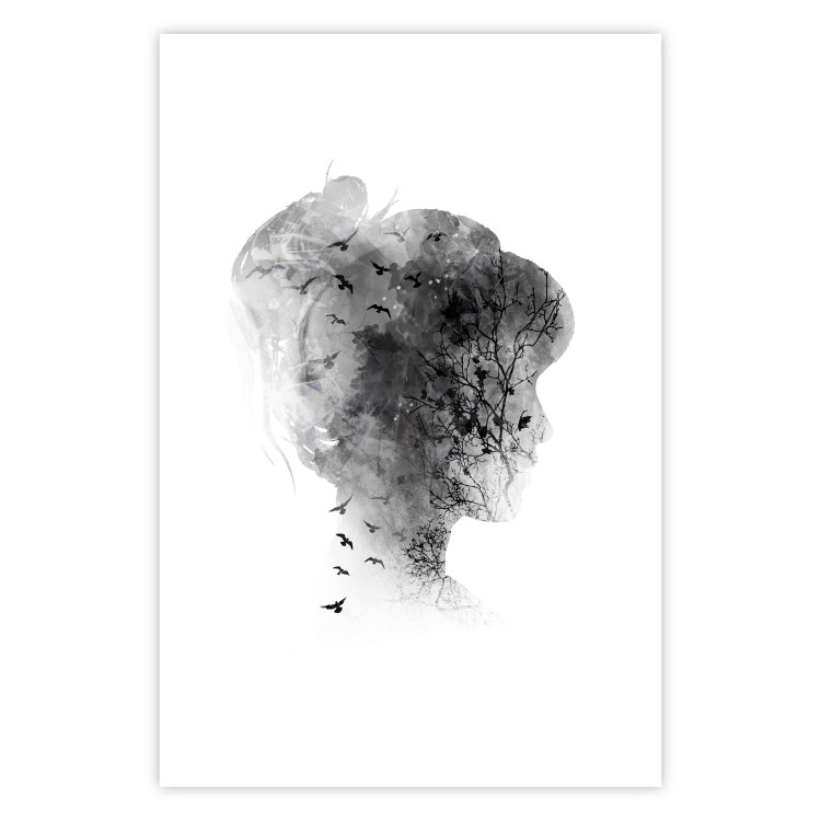 Wall Poster Open Mind - black and white abstraction with a woman's portrait and birds 116945 additionalImage 25