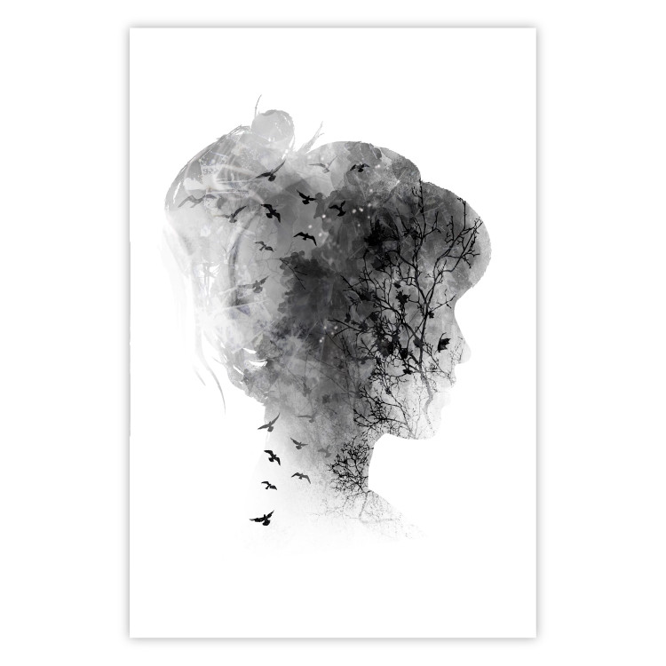 Wall Poster Open Mind - black and white abstraction with a woman's portrait and birds 116945