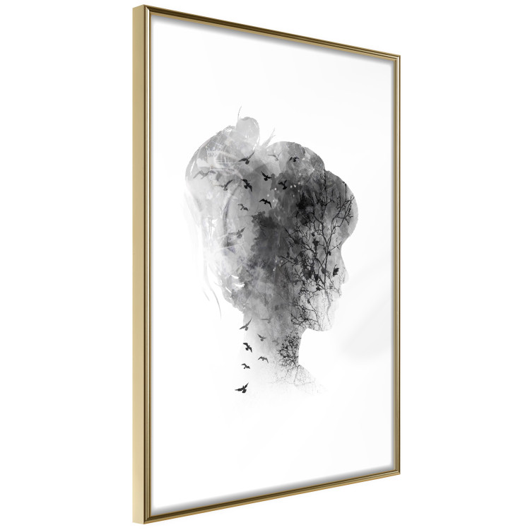 Wall Poster Open Mind - black and white abstraction with a woman's portrait and birds 116945 additionalImage 8