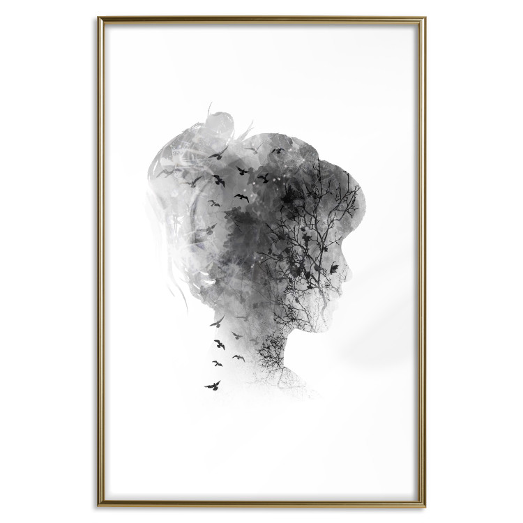 Wall Poster Open Mind - black and white abstraction with a woman's portrait and birds 116945 additionalImage 14
