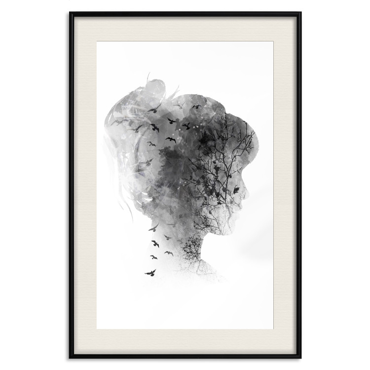 Wall Poster Open Mind - black and white abstraction with a woman's portrait and birds 116945 additionalImage 18
