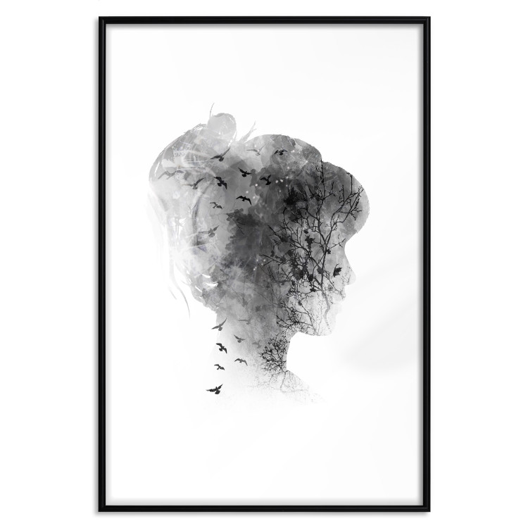 Wall Poster Open Mind - black and white abstraction with a woman's portrait and birds 116945 additionalImage 15