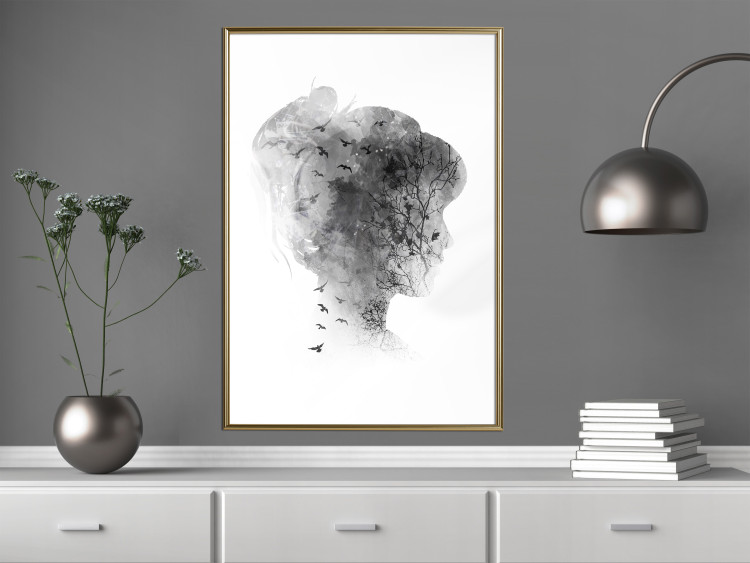 Wall Poster Open Mind - black and white abstraction with a woman's portrait and birds 116945 additionalImage 5