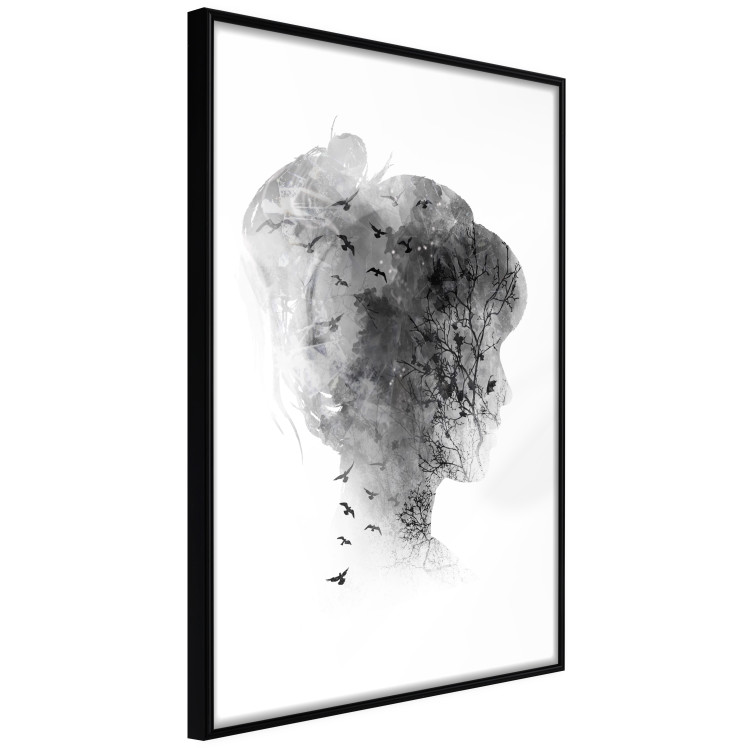 Wall Poster Open Mind - black and white abstraction with a woman's portrait and birds 116945 additionalImage 12
