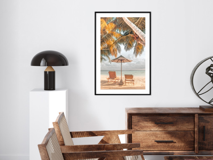 Wall Poster Palm Umbrella - tropical beach landscape with sunbeds against the sea 136045 additionalImage 27