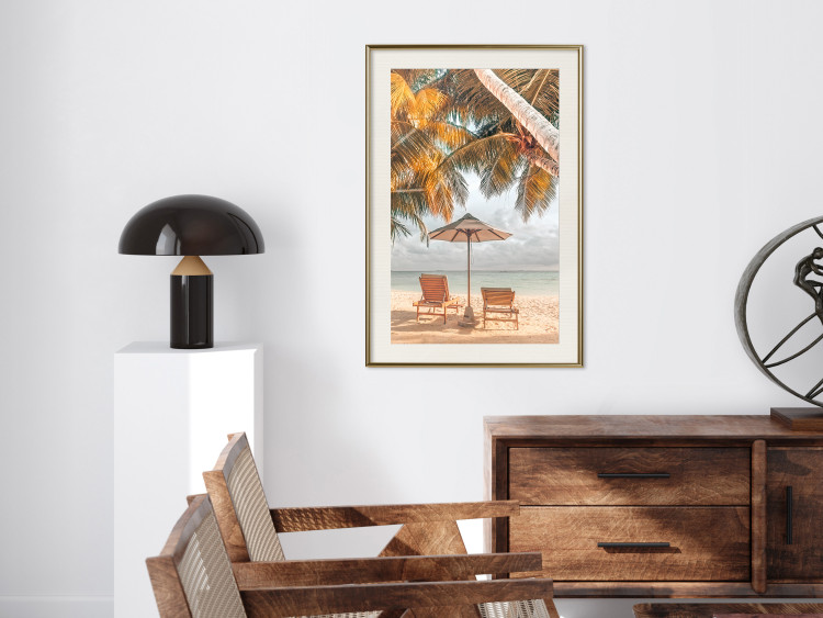 Wall Poster Palm Umbrella - tropical beach landscape with sunbeds against the sea 136045 additionalImage 26