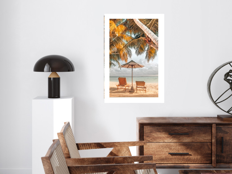 Wall Poster Palm Umbrella - tropical beach landscape with sunbeds against the sea 136045 additionalImage 23