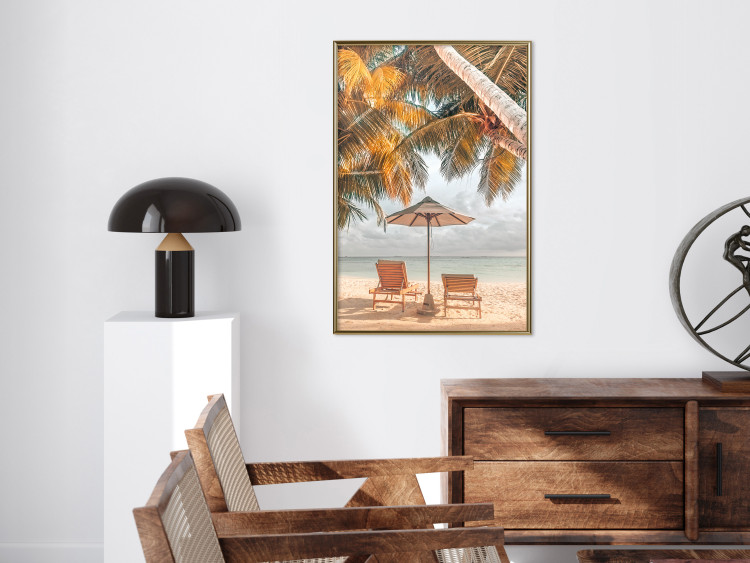 Wall Poster Palm Umbrella - tropical beach landscape with sunbeds against the sea 136045 additionalImage 21