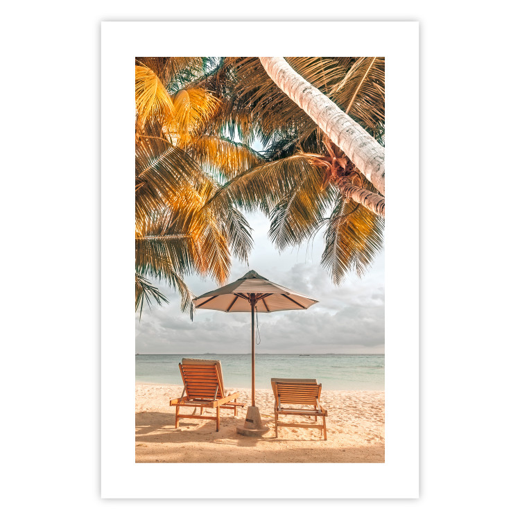 Wall Poster Palm Umbrella - tropical beach landscape with sunbeds against the sea 136045 additionalImage 11