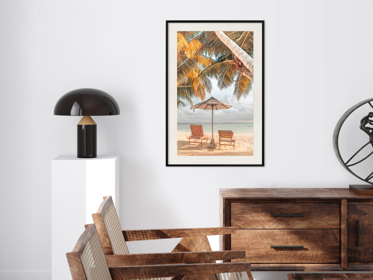 Wall Poster Palm Umbrella - tropical beach landscape with sunbeds against the sea 136045 additionalImage 25