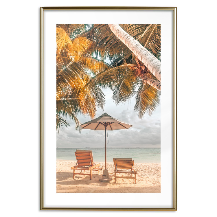 Wall Poster Palm Umbrella - tropical beach landscape with sunbeds against the sea 136045 additionalImage 13