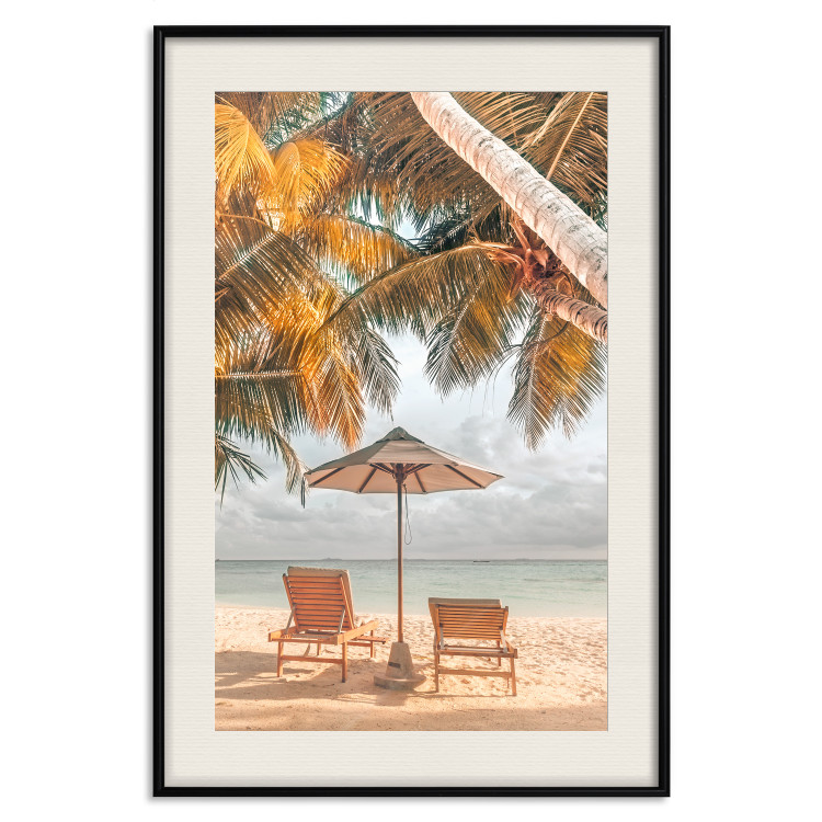 Wall Poster Palm Umbrella - tropical beach landscape with sunbeds against the sea 136045 additionalImage 17