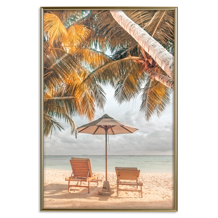 Wall Poster Palm Umbrella - tropical beach landscape with sunbeds against the sea 136045 additionalImage 9