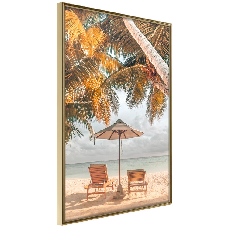 Wall Poster Palm Umbrella - tropical beach landscape with sunbeds against the sea 136045 additionalImage 3