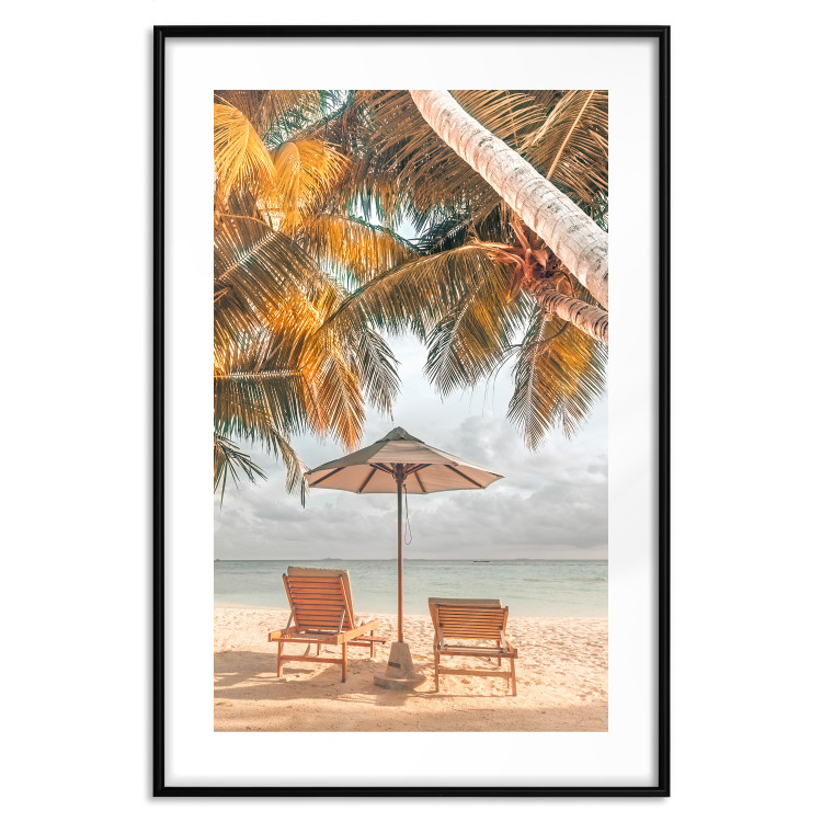 Wall Poster Palm Umbrella - tropical beach landscape with sunbeds against the sea 136045 additionalImage 14