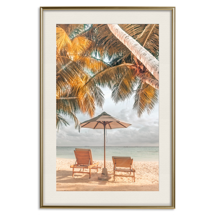 Wall Poster Palm Umbrella - tropical beach landscape with sunbeds against the sea 136045 additionalImage 18