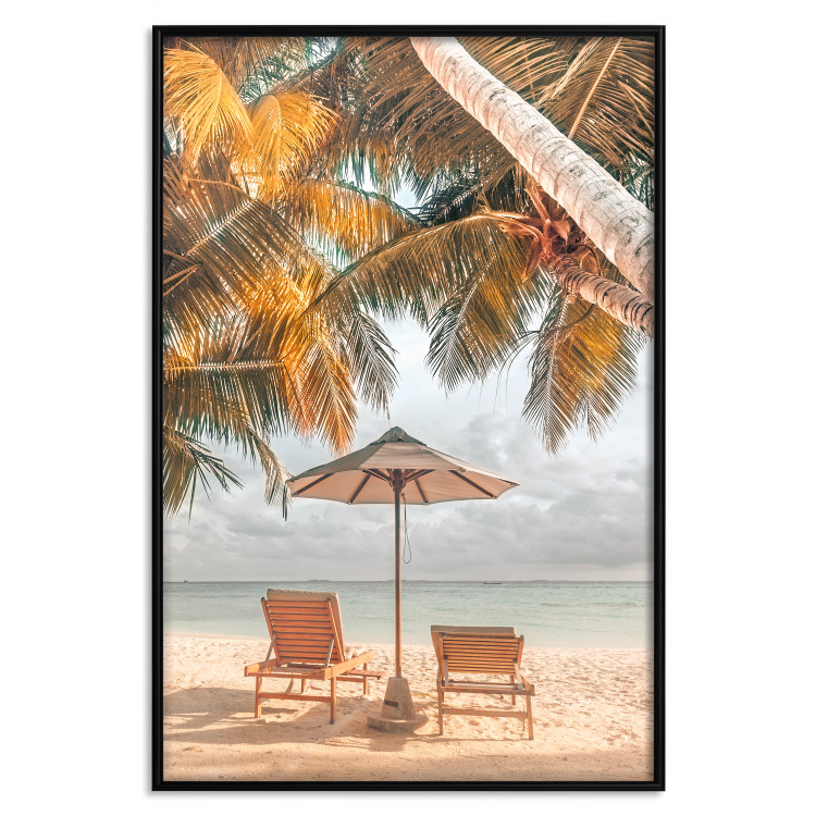 Wall Poster Palm Umbrella - tropical beach landscape with sunbeds against the sea 136045 additionalImage 12