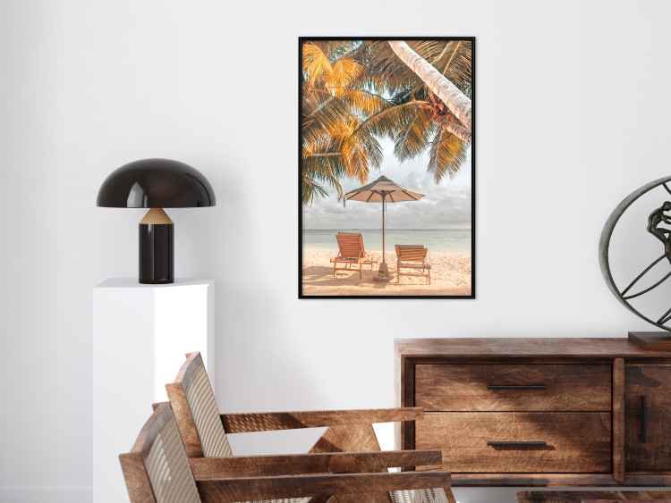Wall Poster Palm Umbrella - tropical beach landscape with sunbeds against the sea 136045 additionalImage 15
