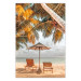 Wall Poster Palm Umbrella - tropical beach landscape with sunbeds against the sea 136045