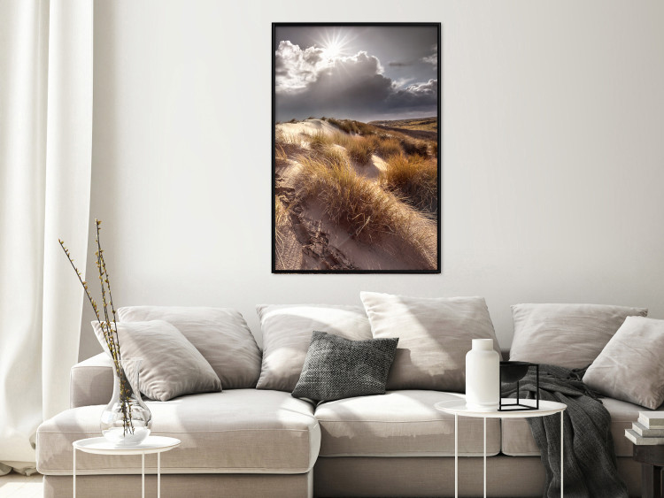 Poster Trembling Whispers - sunlit meadow landscape against dense clouds 138045 additionalImage 15
