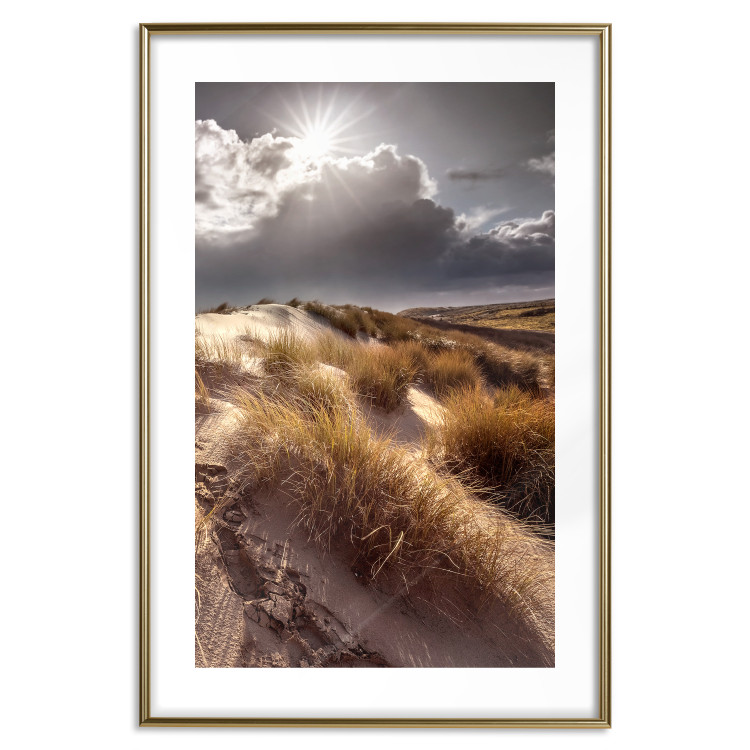 Poster Trembling Whispers - sunlit meadow landscape against dense clouds 138045 additionalImage 13