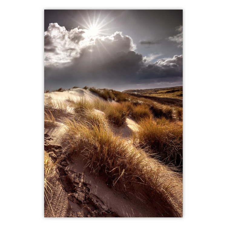 Poster Trembling Whispers - sunlit meadow landscape against dense clouds 138045