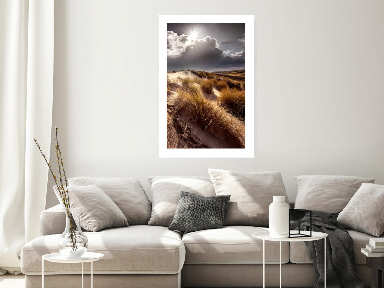 Poster Trembling Whispers - sunlit meadow landscape against dense clouds 138045 additionalImage 18